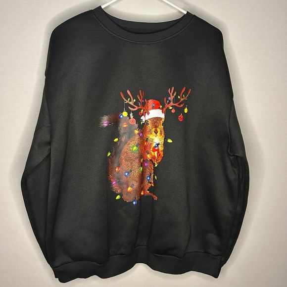 Shein Curve Black Christmas Squirrel Reindeer Lights Crew Sweatshirt Womens 1XL - Picture 2 of 6